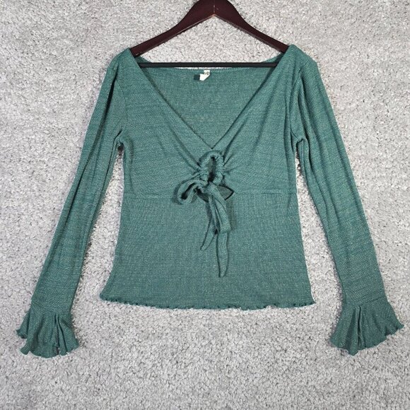 Intimately Free People Top Womens Large Green Metallic Keyhole Boho Flare Sleeve - Picture 1 of 12